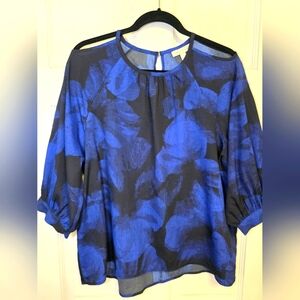 Prologue Cold Shoulder Keyhole Back Blouse Shirt Top- Size Lg Blue & Black